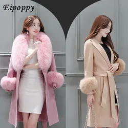 Woolen Coat Women's Mid-Length Korean Style New Winter Slim Fit Tied Big Fur Collar Woolen Coat