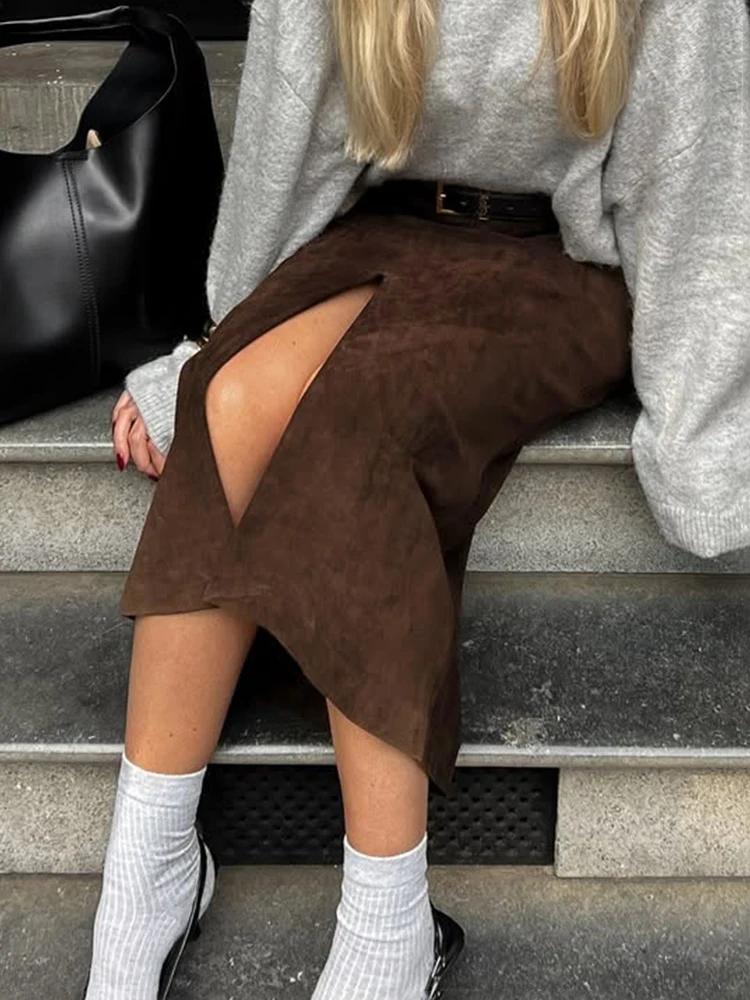 

Trendix Autumn Suede Skirt Women 2025 Fall Street Fashion Slit Long Skirts Party Retro High Waist Commuting Vintage Skirt Femme
