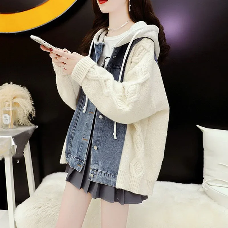 New Autumn Winter Women Splicing Denim Jacket Women Long Sleeve Jean Coat Female Loose Sweater knitting Cardigan Jacket Tops