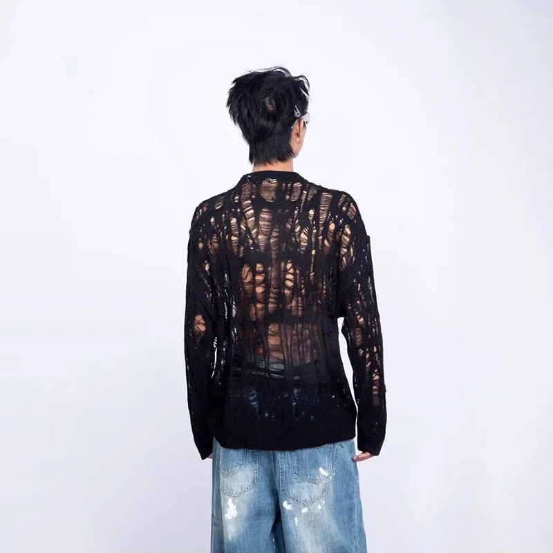 Vintage Ripped Hollow Out Mesh Knit Sweater Men Autumn Streetwear Fashion Crew Neck Long Sleeve Knitted T Shirt Men’s Clothing
