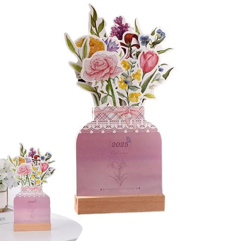 Bloomy Flowers Desk Calendar 2025 Removable Vase Shaped Monthly Calendar 2025 Cute Desktop Calendar With Wooden Base Daily Note