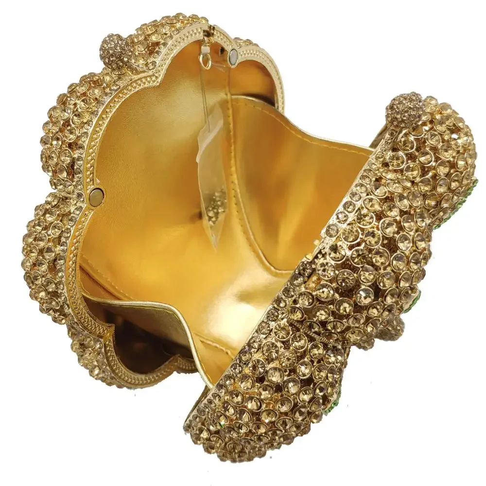Boutique De FGG Novelty Pumpkin Handbags Ladies Clutch Bag Women Evening Party Cocktail Round Golden Crystal Minaudiere Bags