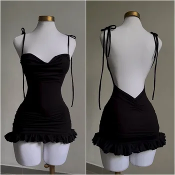 Image Ruffles Backless Sleeveless Short Dress Women Y2K Summer Lace Up Bodycon Black Dresses Sexy Elegant Party Vintage Female Robes