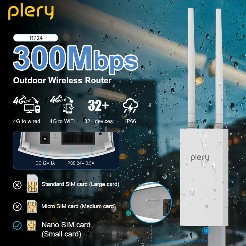 

PLERY 300Mbps 4G Outdoor Router Insert a Sim 802.11N 32 User Wifi signal Router Wifi Wireless Extender amplifier plug and play