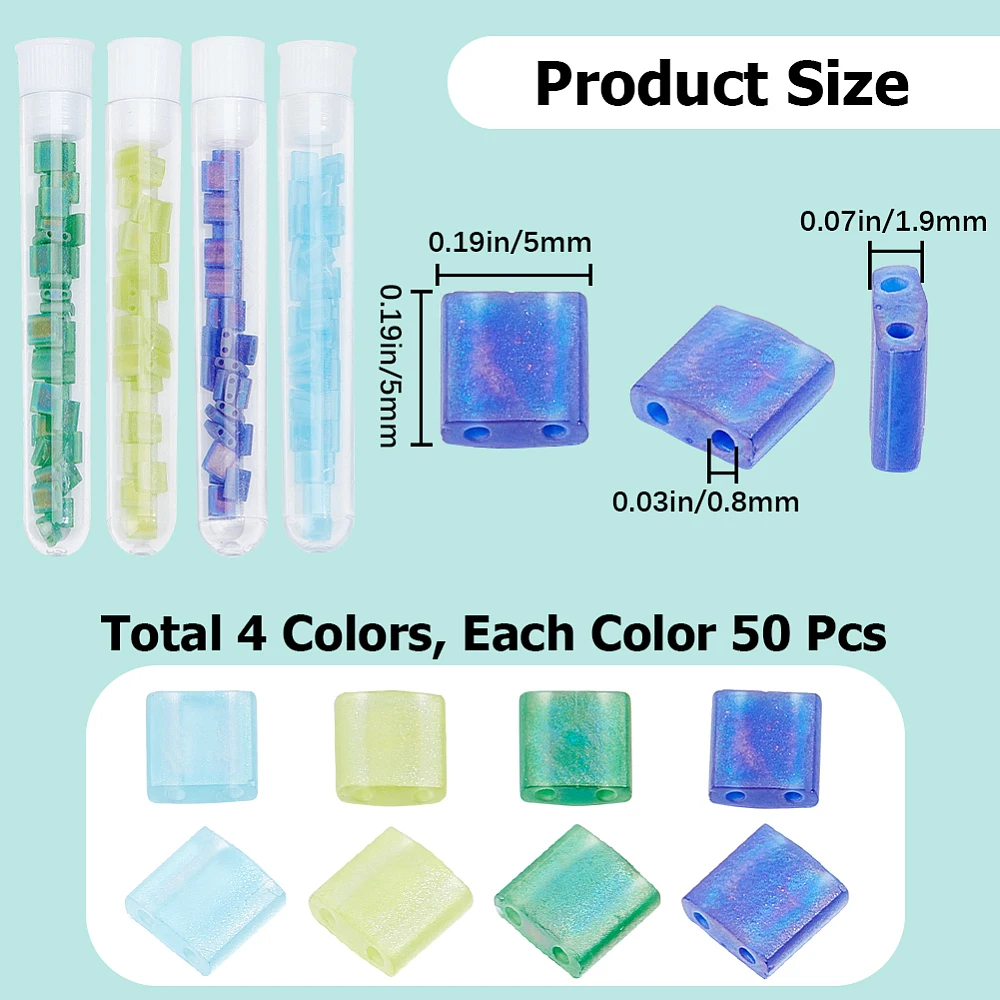 200Pcs 2Hole Beads 4Colors Mix Glass Beads Square Rectangle Mini Opaque with Plastic Container Color for Craft Bracelet Necklace