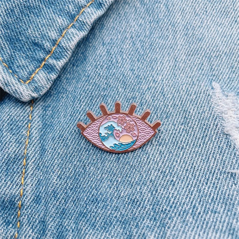 Creative Organs Pink Eyes Enamel Brooch Mountains and Waves Sun Sunrise Alloy Pins Badges Clothes Accessories Cute Women Jewelry