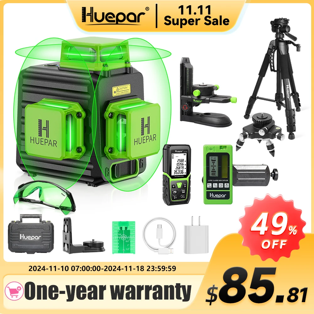 Huepar 12 Lines 3D Green Laser Level Horizontal And Vertical Cross Lines Auto Self-Leveling With Hard Case, Indoors and Outdoors