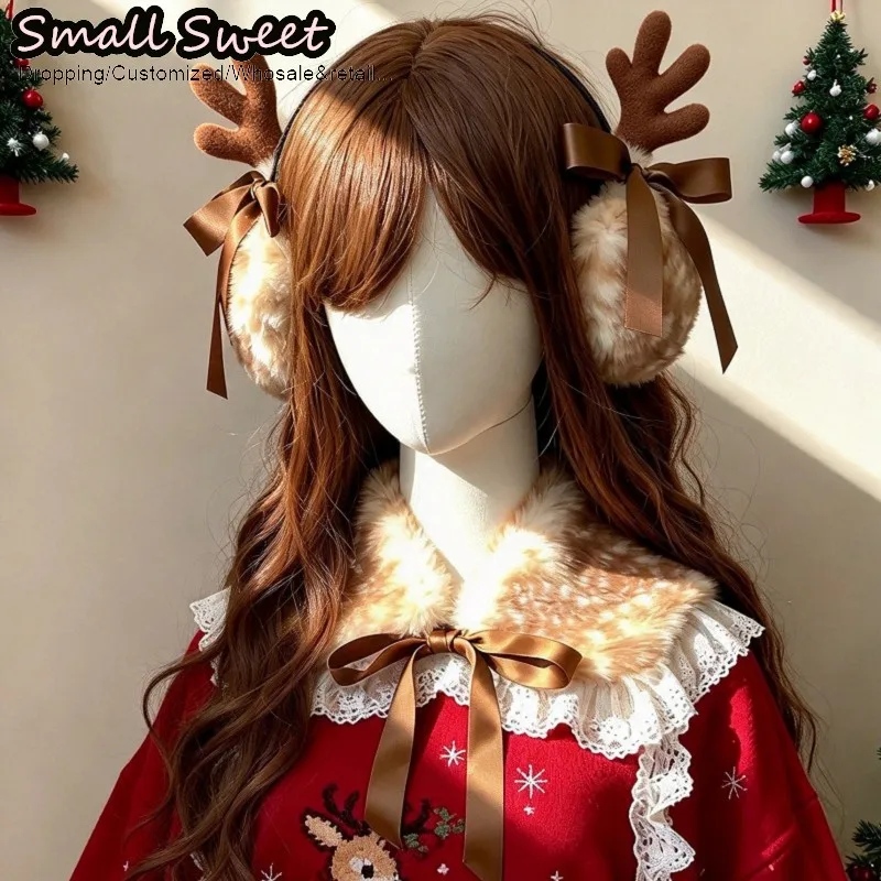 Women Sweet Lolita Christmas Lolita Deer Print Plush Ear Muffs Faux Collar Lace Trim Winter Warm Neck Scarf Soft Easy Storage