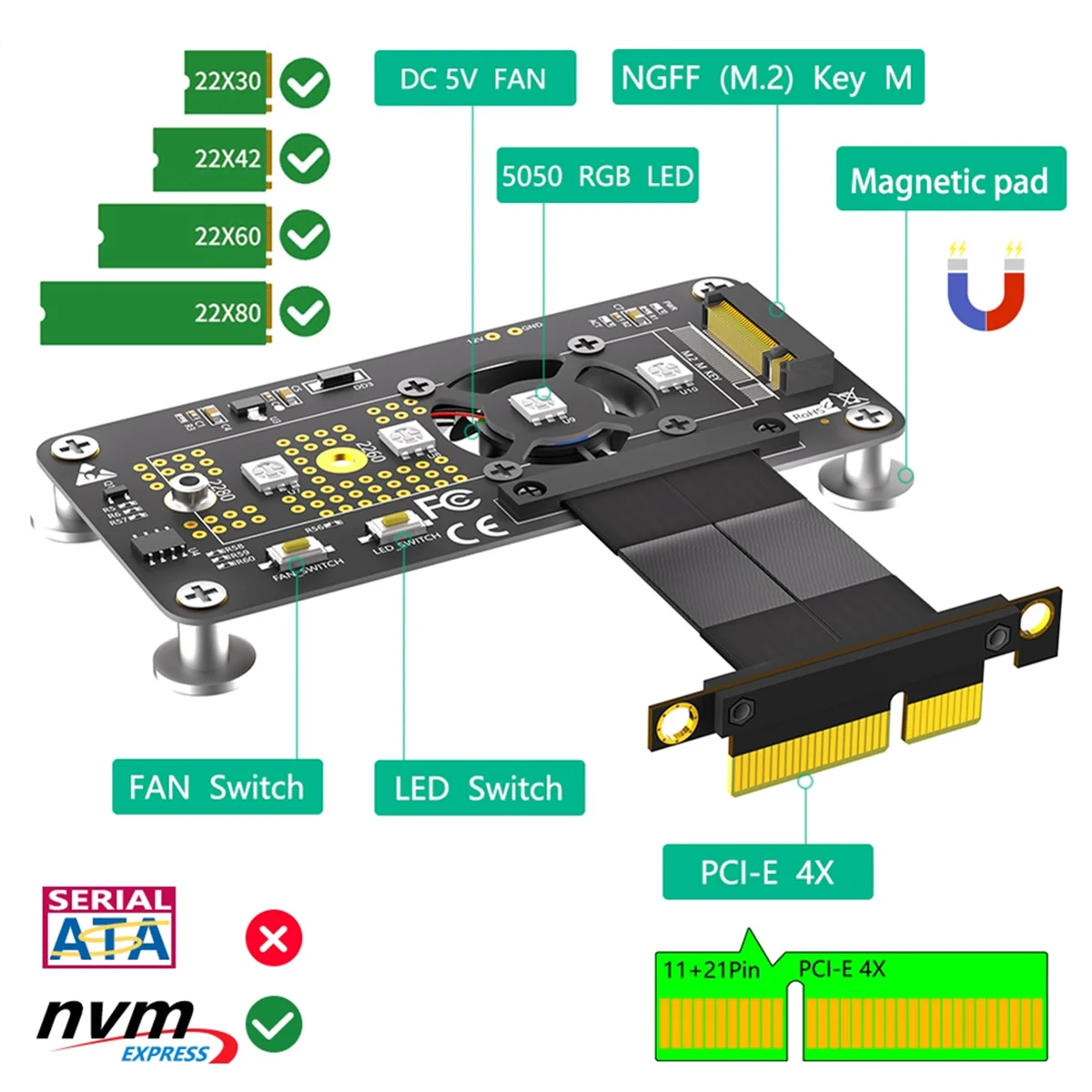 3 dalam 1 M.2( NGFF) NVME m-key SSD untuk PCI-E 4X kabel ekstensi dengan kipas pendingin dan LED perubahan warna otomatis (10cm)