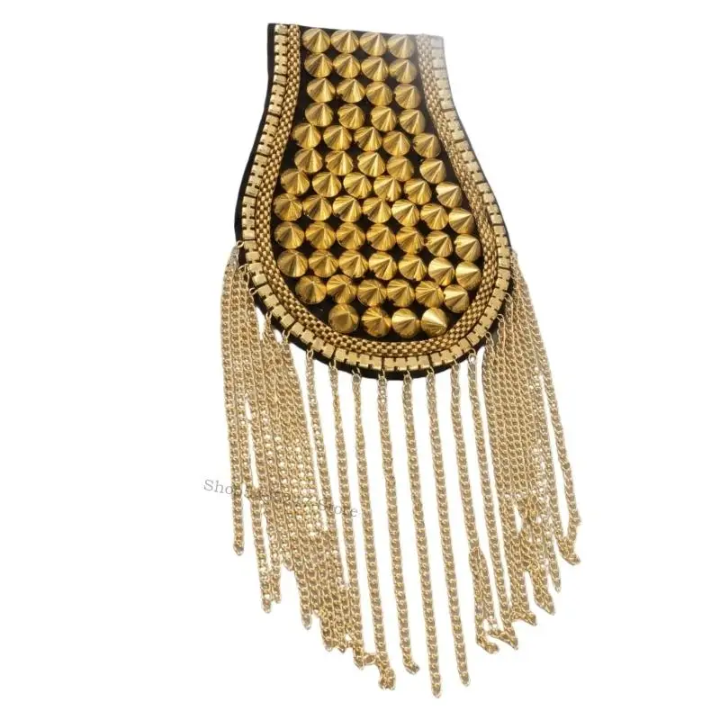 Metal Shoulder Ornament with Rivet-Shaped Studs, Hanging Chain Fringe, and Pin-On or Sew-On Attachment for Clothing Styling