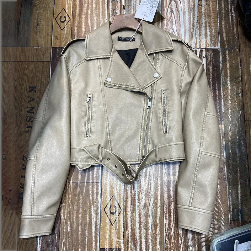 Vintage Locomotive PU Leather Short Jacket Women Lapel Long Sleeve Zipper PU Outwear s843