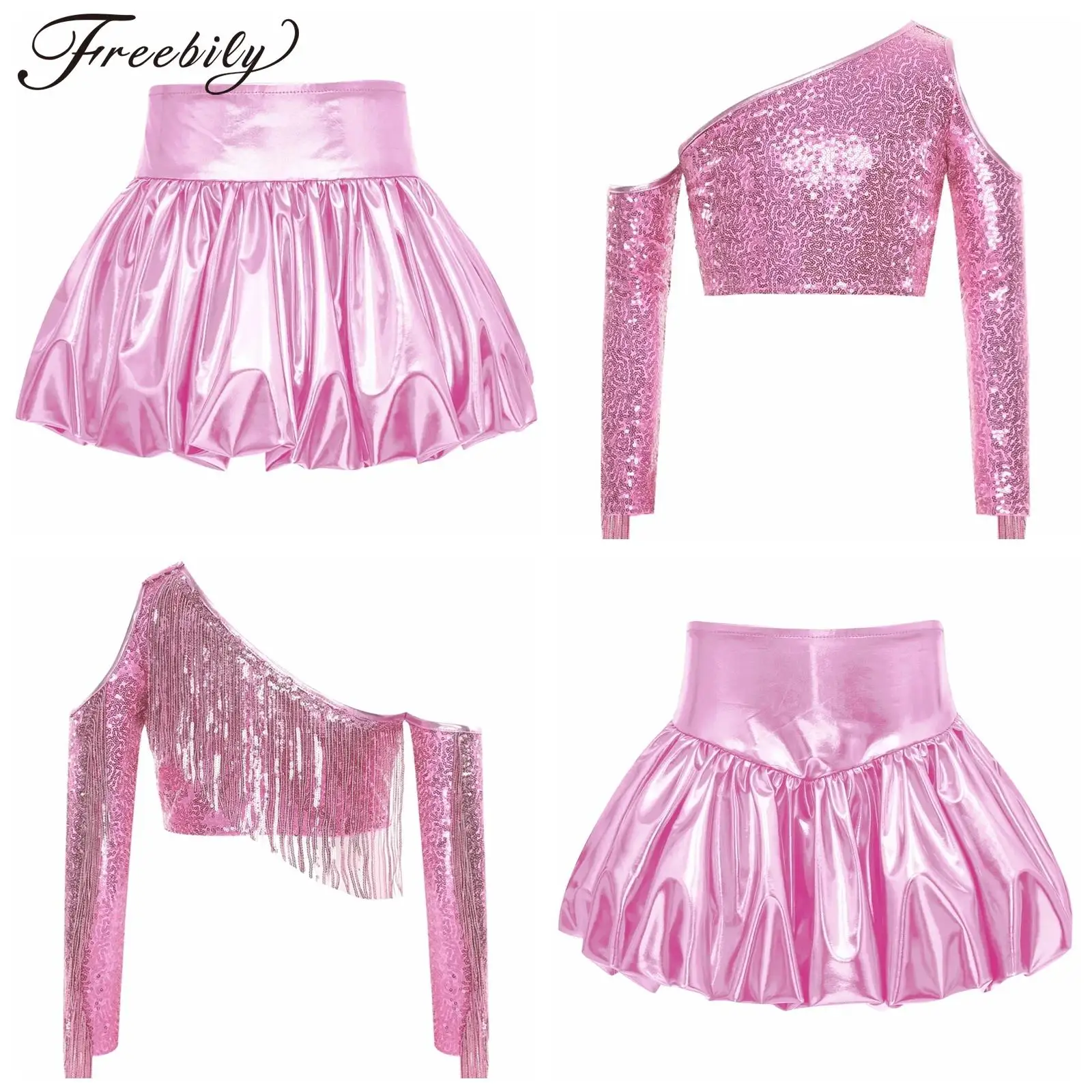

Одежда для уличных танцев для девочек, комплекты металлик, детский сценический наряд, блестящий топ с кисточками и юбка-пузырь для рейв-вечеринки, костюм для выступлений