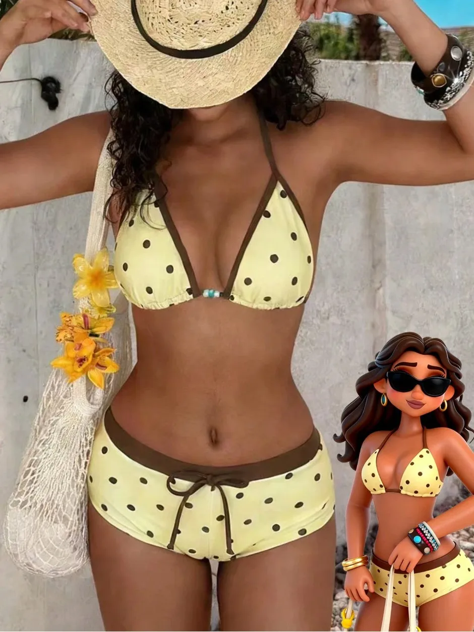 

Swimwear Woman 2026 Bikini Triangle Top High Waist Shorts Bikinis Polka Dot Yellow Swimsuit Halter Neck Two Piece Swimsuit