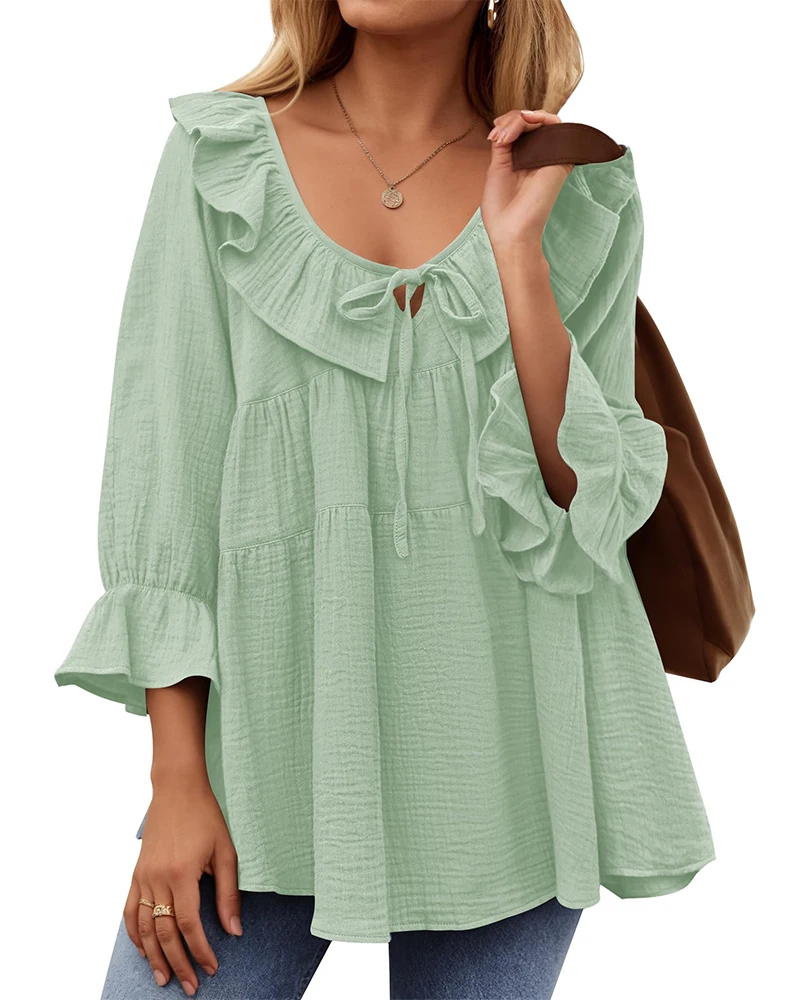 

Casual Lace Up Shirt for Women French Style 3/4 Sleeves Ruffled Collar Summer Babydoll Chiffon Blouse Tops Holiday Vacation Wear