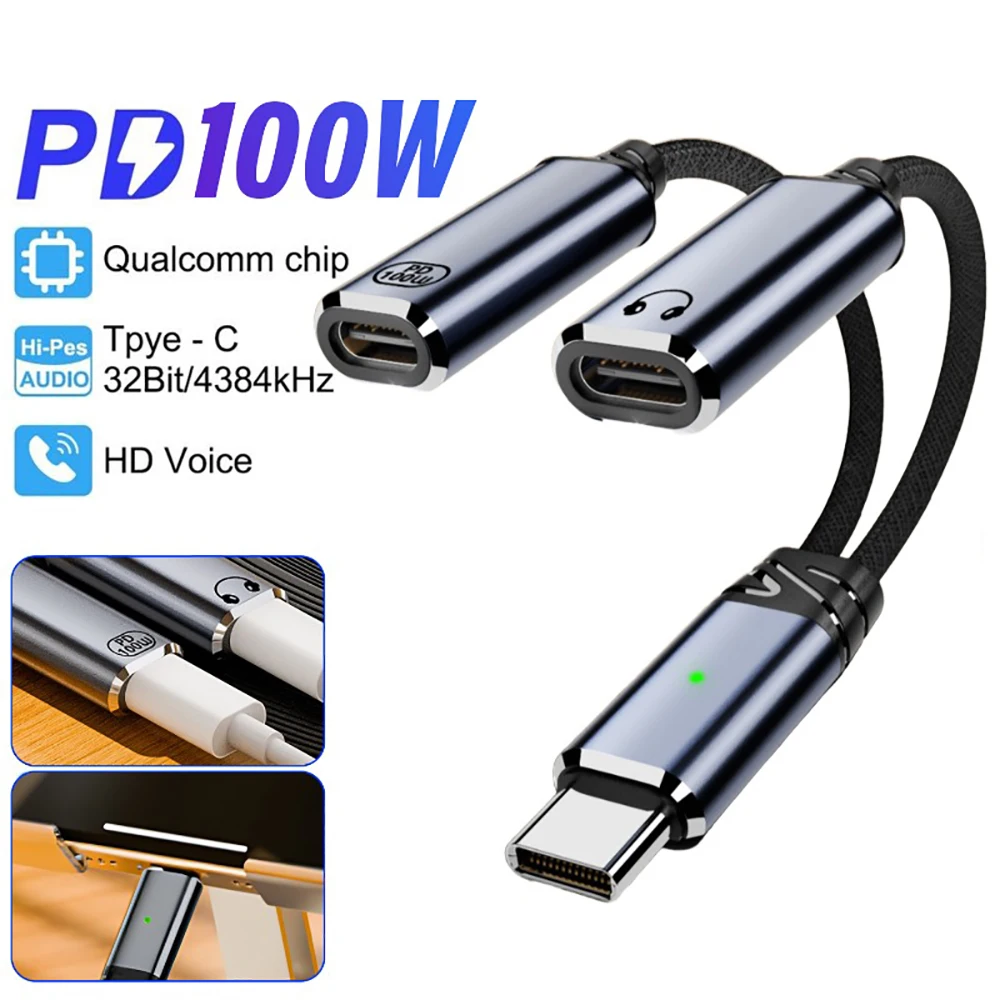 OTG 2 IN 1 Headphone Jack Audio Converter PD 100W Fast Charging USB C to Dual Type-C Headphone Adapter for Samsung iPhone Xiaomi