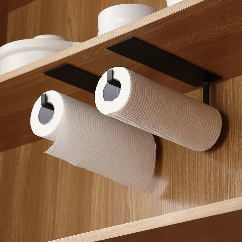 Non-perforated kitchen cabinet pasted paper towel rack Japanese paper roll rack Wall-mounted paper roll cloth storage rack