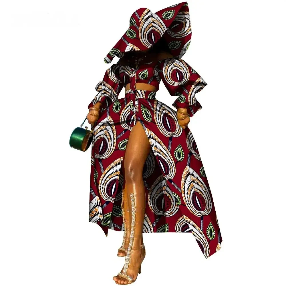 African Clothes for Women Print Crop Top and Split Skirts with Big Beach Hat 3 Piece Set Clothing WY1481