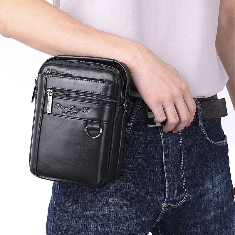 Men\'s waist bag multi functional Mini Crossbody one shoulder bag leather 7 inch mobile phone waist bag Korean fashion