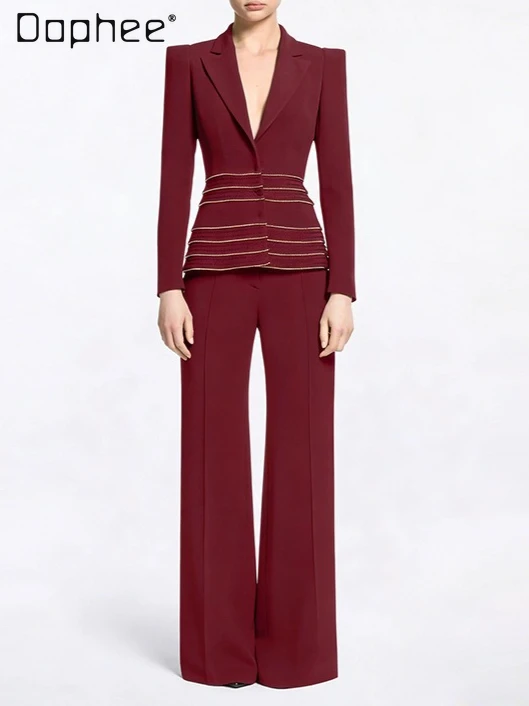 

2026 Spring High-end Heavy Industry Beaded Blazer Commuter Cross-neck Slim Long-sleeved Blazer Straight-leg Pants Two-piece Set