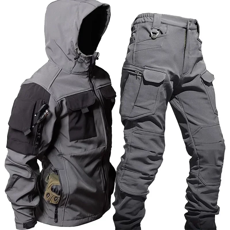 Camo Fleece Warm Sets Men Shark Skin Soft Shell Hooded Jacket+Multi-pocket Straight Cargo Pant 2 Pcs Suit Waterproof Combat Set