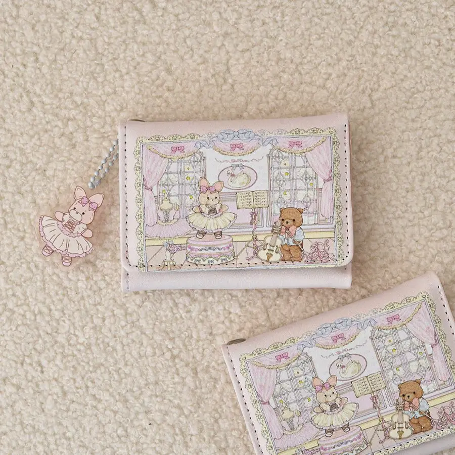 Girl's Dream Spring Picnic Series Rabbit Bear Wallet Cute Original Design Anti-degaussing Multi-card Magnetic Button Coin Purse