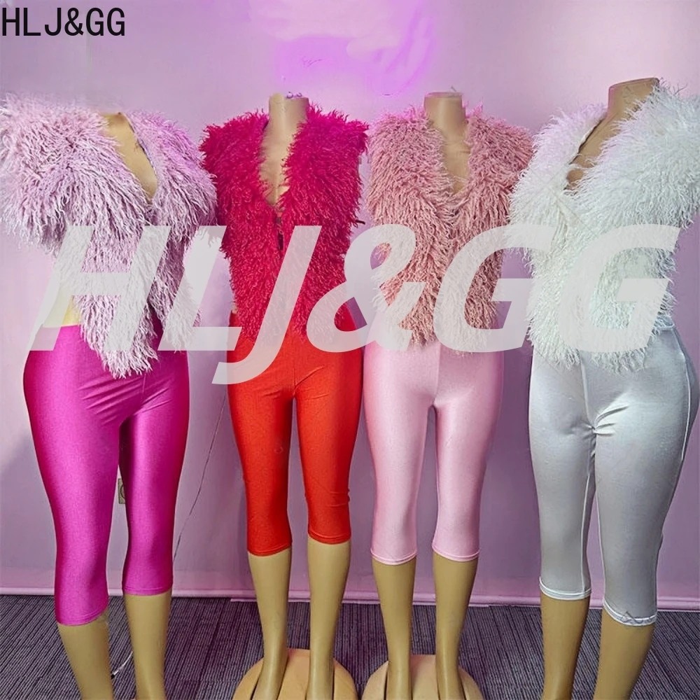 

HLJ&GG Fashion Hot Girl Fake Fur Halter Two Piece Sets Women Sleeveless Crop Top And Shorts Outfit Y2K Sexy 2pcs Streetwear 2025