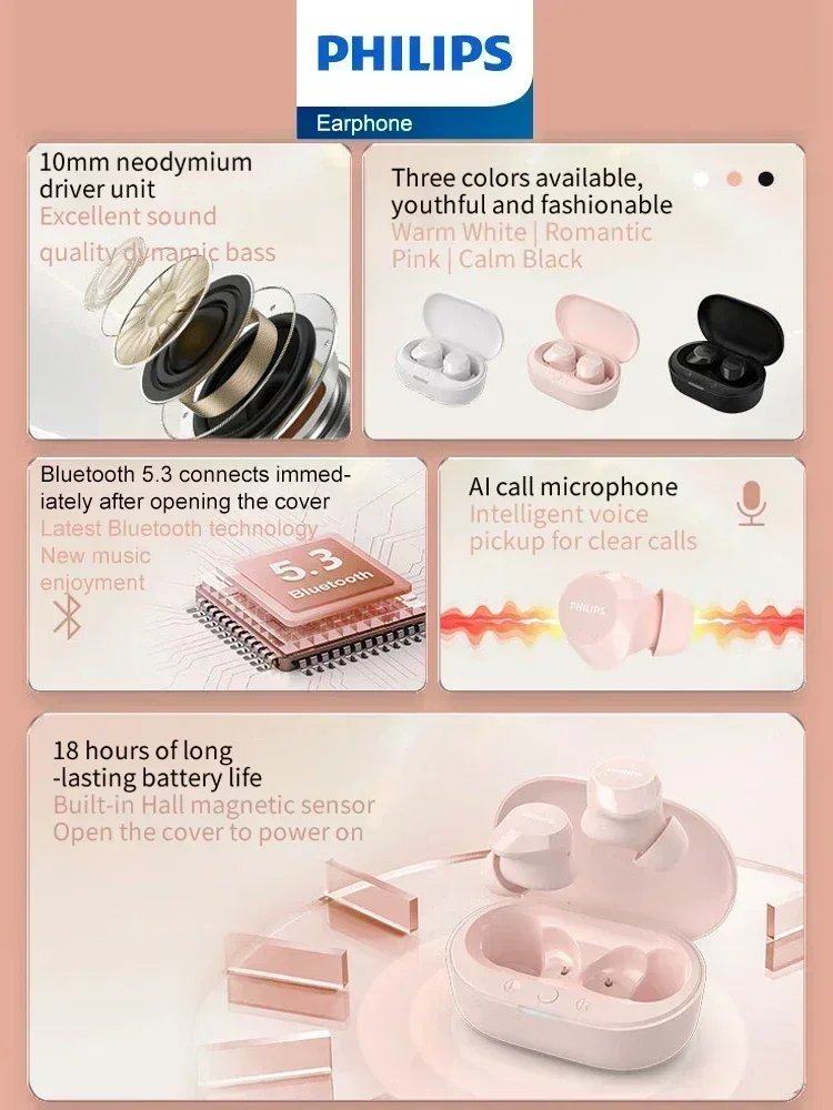 ใหม่ Philips TAT1209 หูฟังไร้สายบลูทูธ 5.3 หูฟังกีฬาชุดหูฟังชนิดใส่ในหูพร้อมไมโครโฟน Dual HD หูฟัง