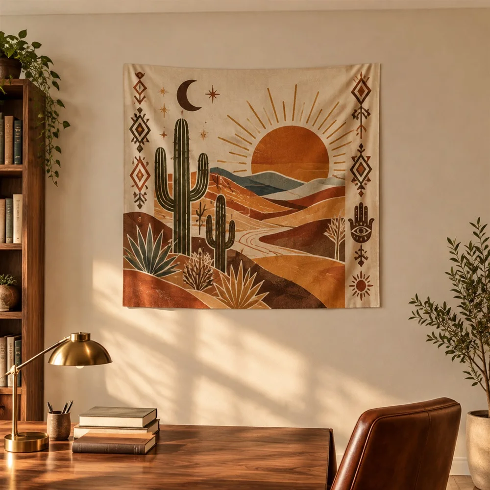 VIKAMA Desert Cactus Dunes Diagonal Flow Tapestry Wall Hanging, Bohemian Wall Decor Tapestries for Bathroom Bedroom Living Room