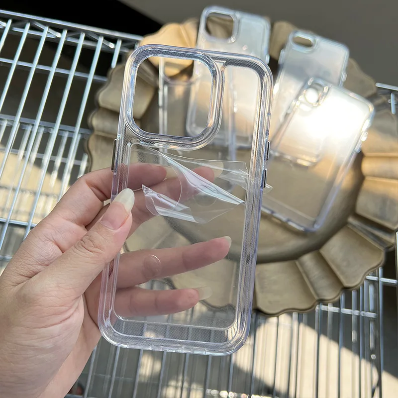 Funda de teléfono simple para iPhone 15, 14, 13, 12, 11 Pro Max Plus, cubierta trasera transparente de parachoques duro acrílico con botón plateado