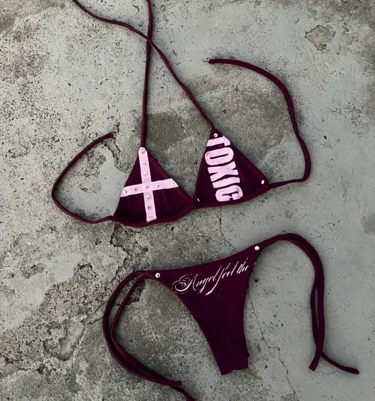 Summer Retro Sexy Spicy Girls Style Striped Wall Hanging Suspender Bikini Set American High Street Fashion Trendy Bikini Set Emo