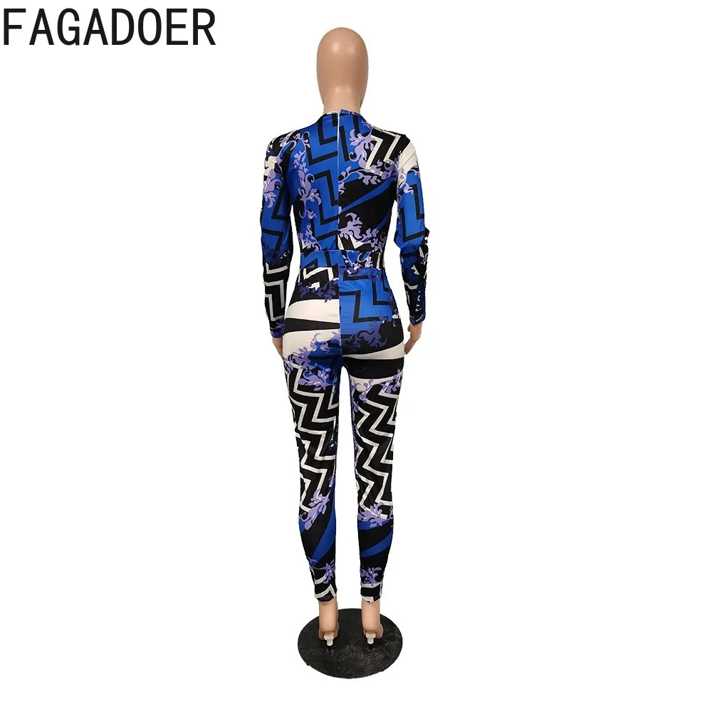 FAGADOER Fashion Printing Mesh Perspective Bodycon Jumpsuits Women Round Neck Long Sleeve Skinny Pants One Piece Playsuits 2023