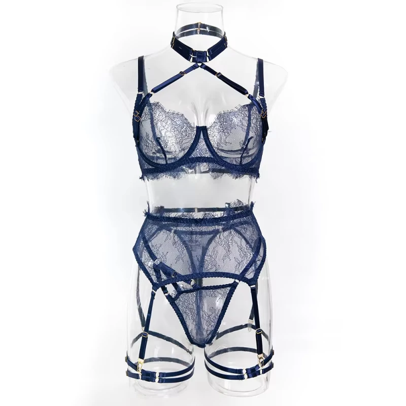 

Bikini lace eyelash trim halter neck bra garter belt swimsuit four-piece set