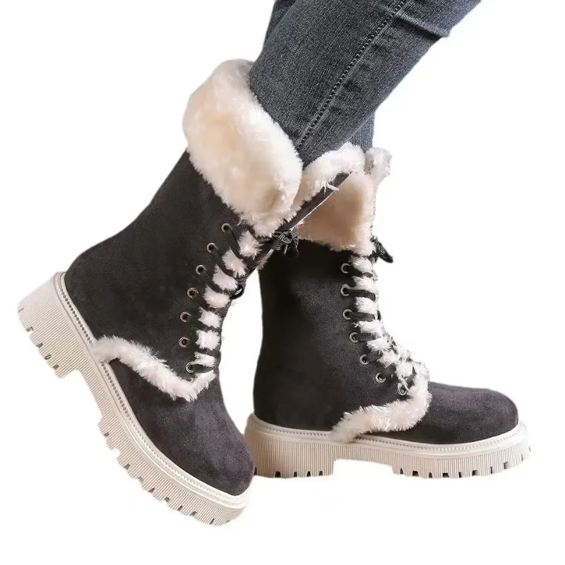 Women's Comfortable Plush Lined Snow Boots, Winter Warm Flat Mid Calf Boots for Warmth Botas De Mujer