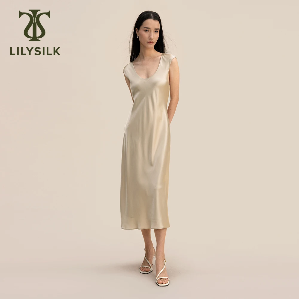 

LILYSILK Silk Slip Dress Women's 2023 New Summer 22 Momme U Neck Capped Sleeve Maxi Robe TRAF Evening Essentials Free Shipping