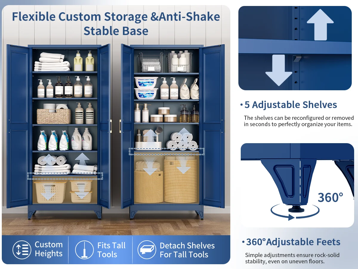 Polup 75" Pantry Cabinet with 5 Adjustable Shelving Tall Metal Storage Cabinet Blue Modern Kitchen Cabinet for Kitchen