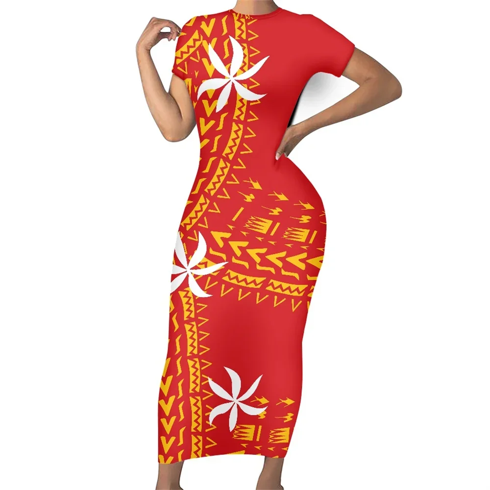 

Fashion Polynesian Tribal Samoan Tahiti Tiare Red Maxi O Neck Bodycon Women Dresses Ladies Short Sleeves Casual Dress For Summer