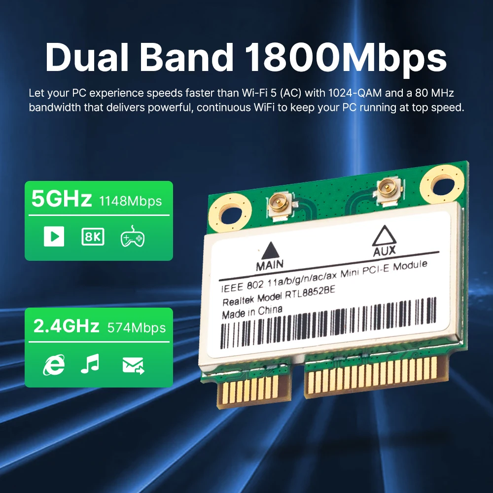 RTL8852BE WiFi 6 مجموعة هوائي بطاقة الشبكة 1800Mbps BT 5.2 ثنائي النطاق لاسلكي MiniPCIe 802.11ax 2.4G/5 جيجا هرتز MU-MIMO لنظام التشغيل Windows 10 #2