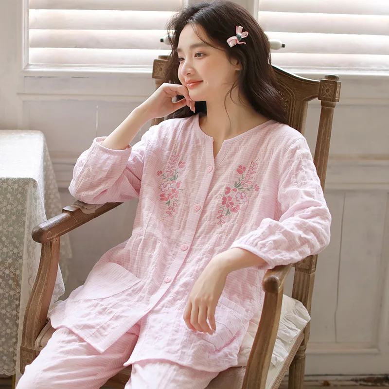 

Autumn Pure Cotton Women's Pajamas Exquisite Embroidered Nine-quarter Sleeve Trousers 2PCS Set Loose Loungewear