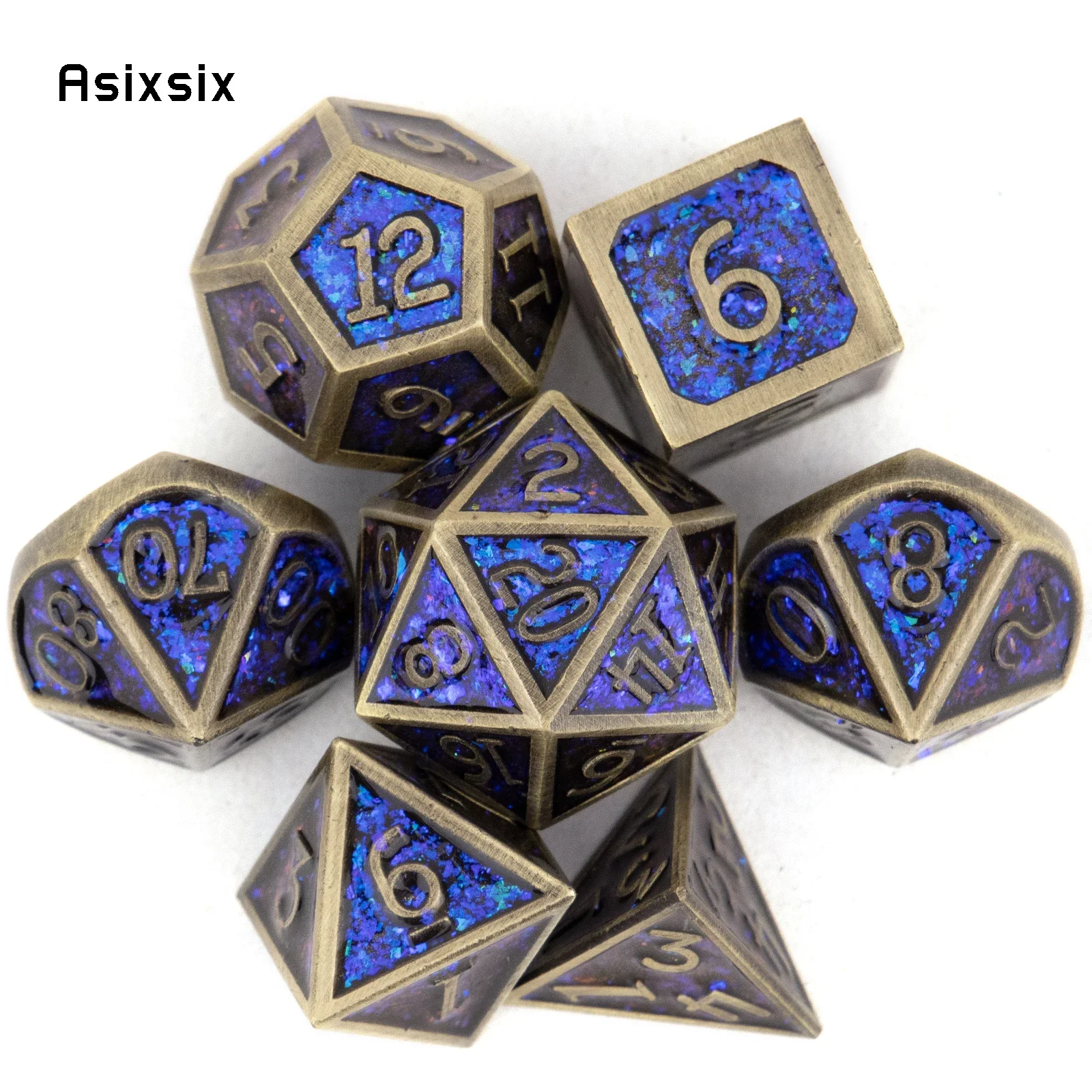 

7 Pcs Blue Copper Standard Metal Dice Solid Metal Polyhedral Dice Set Suitable for Role-Playing RPG Board Game Card Game