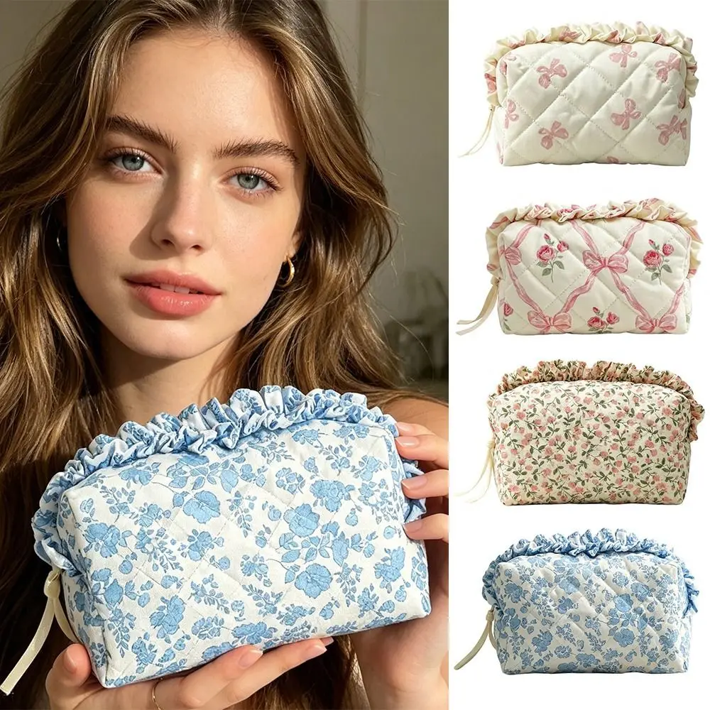1pc High Quality Quilted Makeup Bag Floral Bow Large Capacity Toiletry Bag Cosmetic Pouch Women Girls