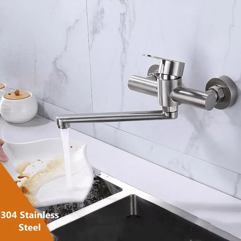 304 Stainless Steel Brushed Into The Wall Extended Spout Sink Faucet Vegetable Washing Basin Hot And Cold Faucet