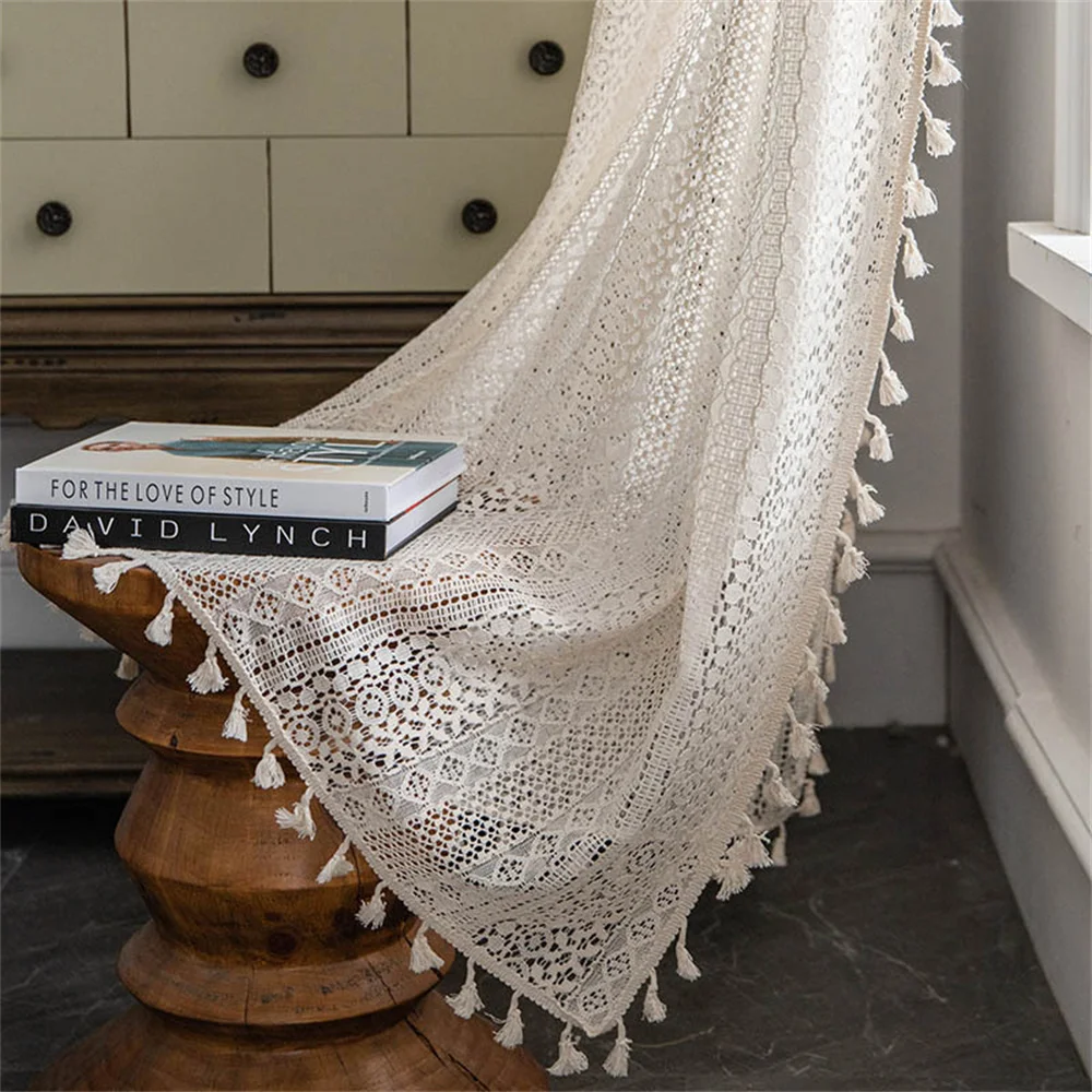 

Clochef 1pc Beige/White Boho Tulle Curtains Hollow Out Crochet Hook For Living Room Embroidered Voile Curtain