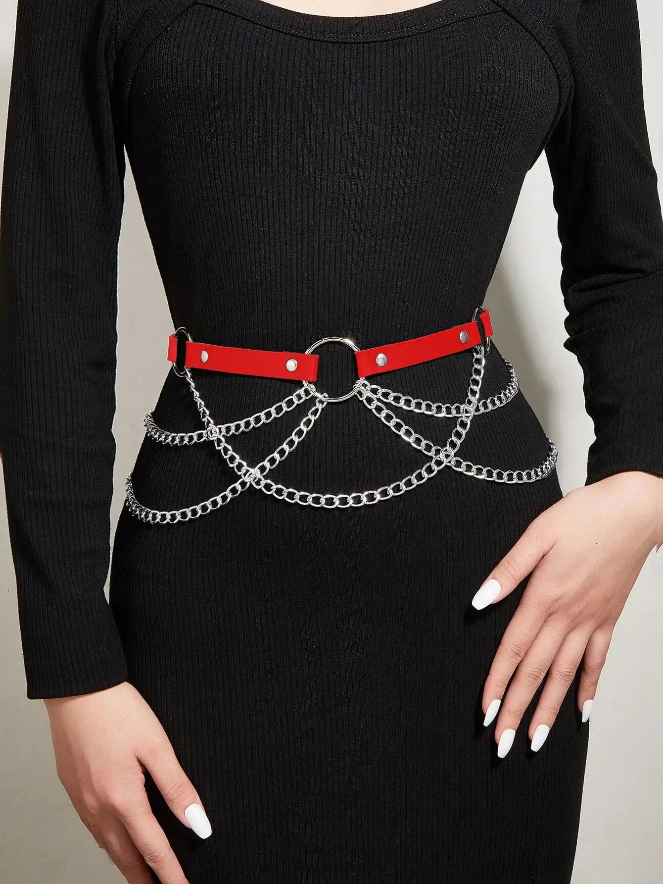 Women Fashion PU Leather Harness Belt Gothic Y2K Multi-layer Chain Waist Cincher Punk Adjustable Vintage O-Ring for Party Dress