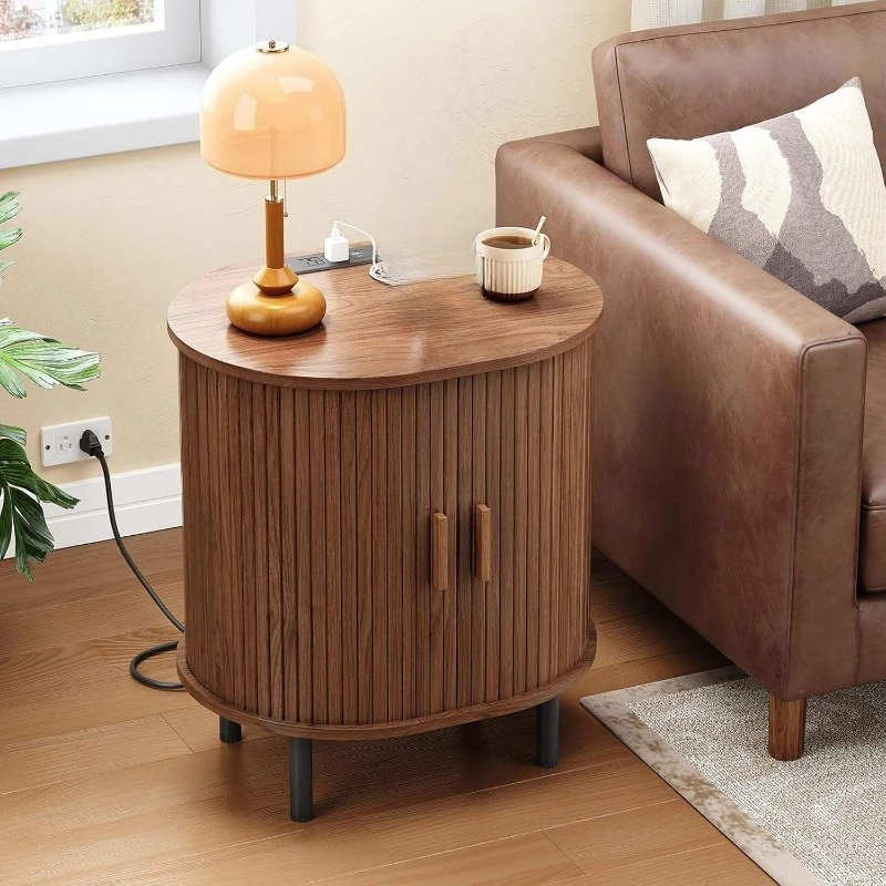 Walnut vertical pattern round bedside table Adjustable storage solid wood bedside cabinet