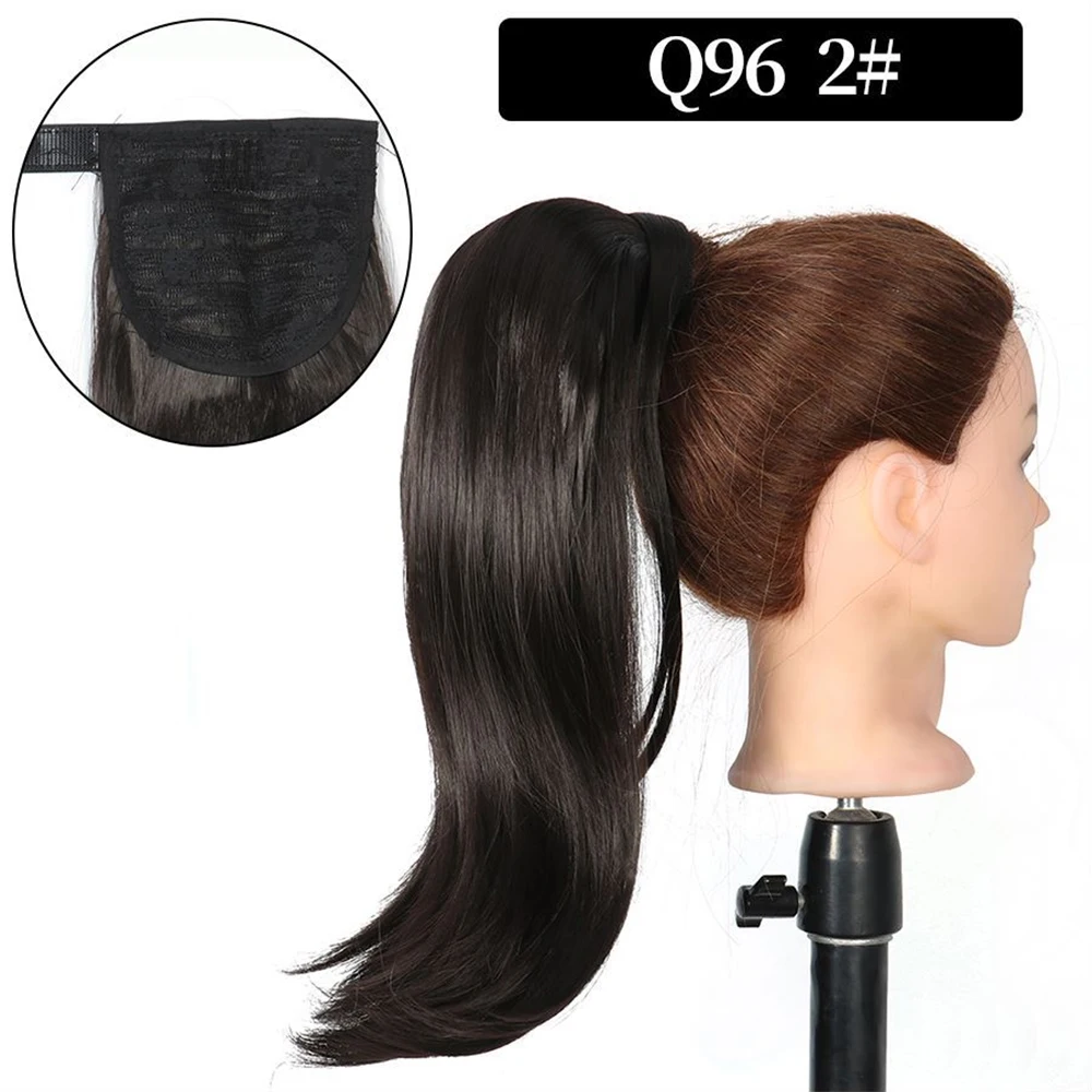 Peruca de extensão do cabelo sintético com luz, clip-in, enrole em torno do rabo de cavalo, reta, final encaracolado, pedaço de cabelo falso, 16"