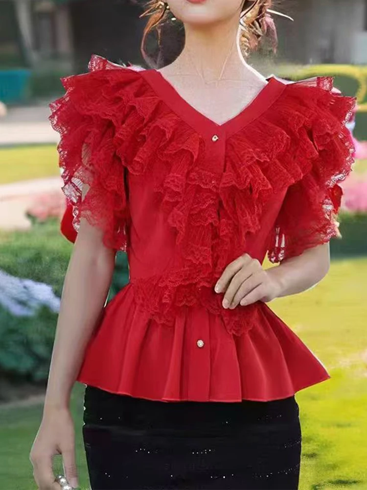 

Luxury 2025 summer new double V-neck Feifei short sleeve stitching lace waist shirt temperament Joker slim blouse.