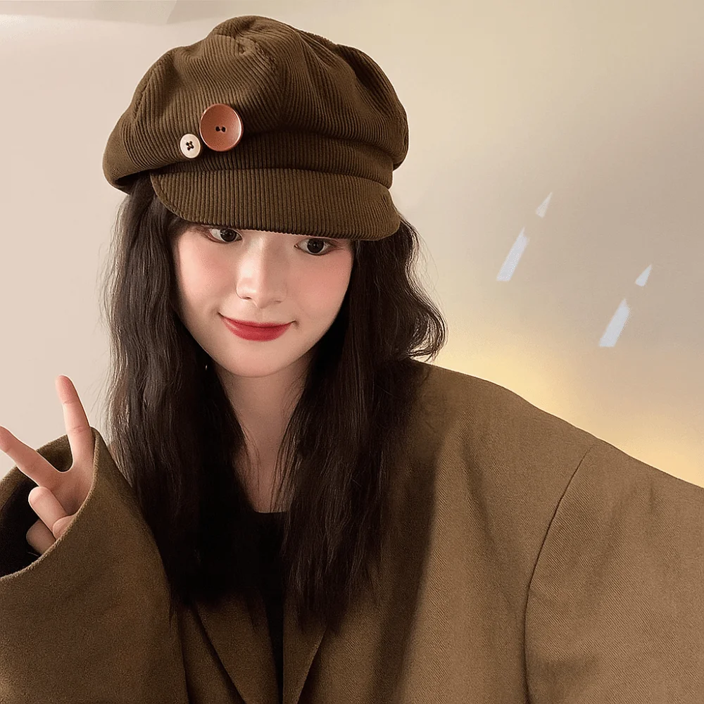 Einfache Y2k Doppelknopf-Baskenmütze, japanischer Harajuku-Malerhut, winddicht, JK Cord-Baseballmütze für den Winter