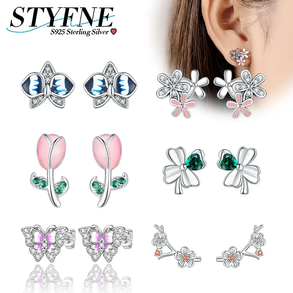 Floral Series Stone Orchid Pink Epoxy Tulip Earrings 925 Sterling Silver Original Earrings for Women High Jewelry Gifts