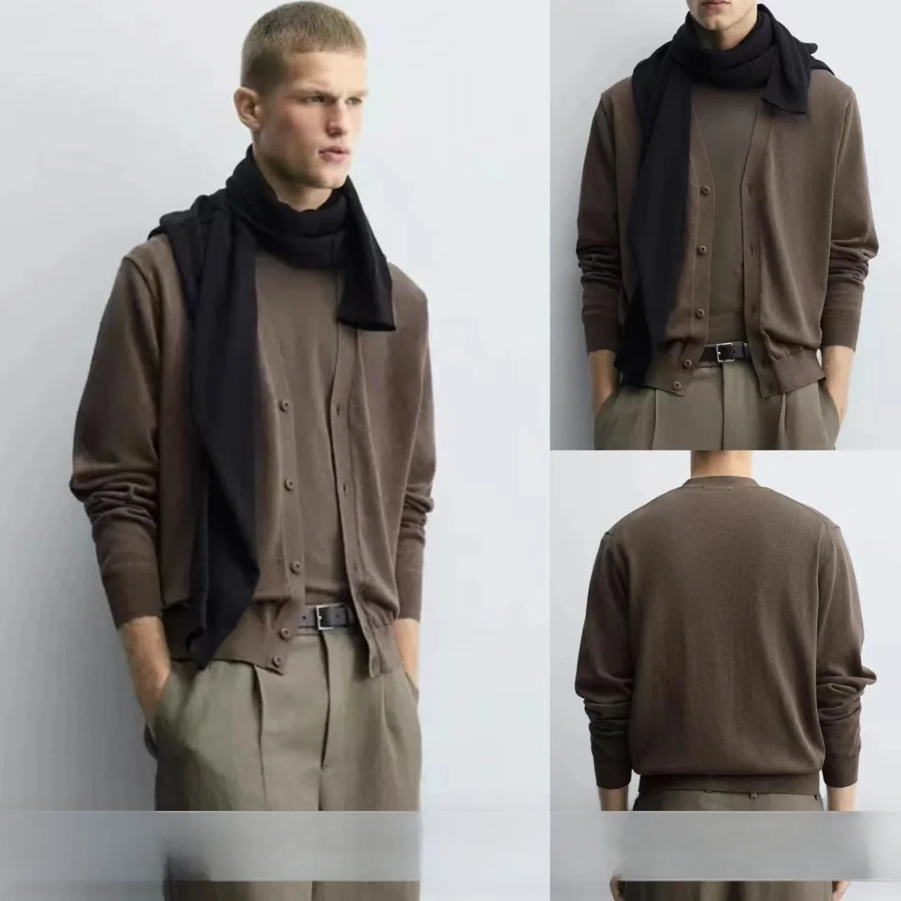 

Новинка осени 2025 года, мужской однотонный свободный длинный кардиган с V-образным вырезом и текстурой свека, вязаный свитер, повседневный удобный крой