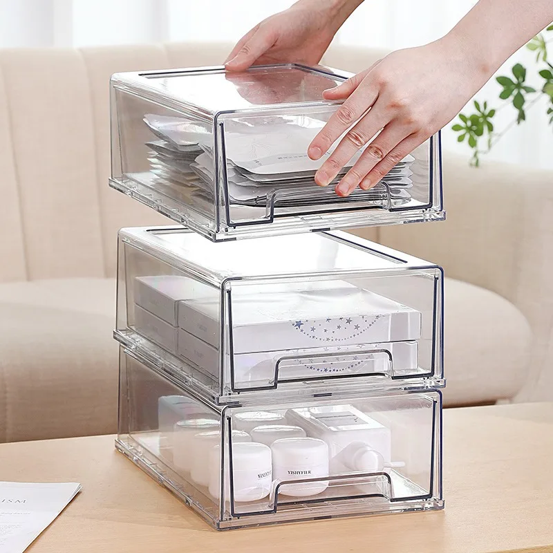 Transparent Drawer Storage Box Office Desk Stackable Pull-out Thickened Stationery Miscellaneous Organization Box